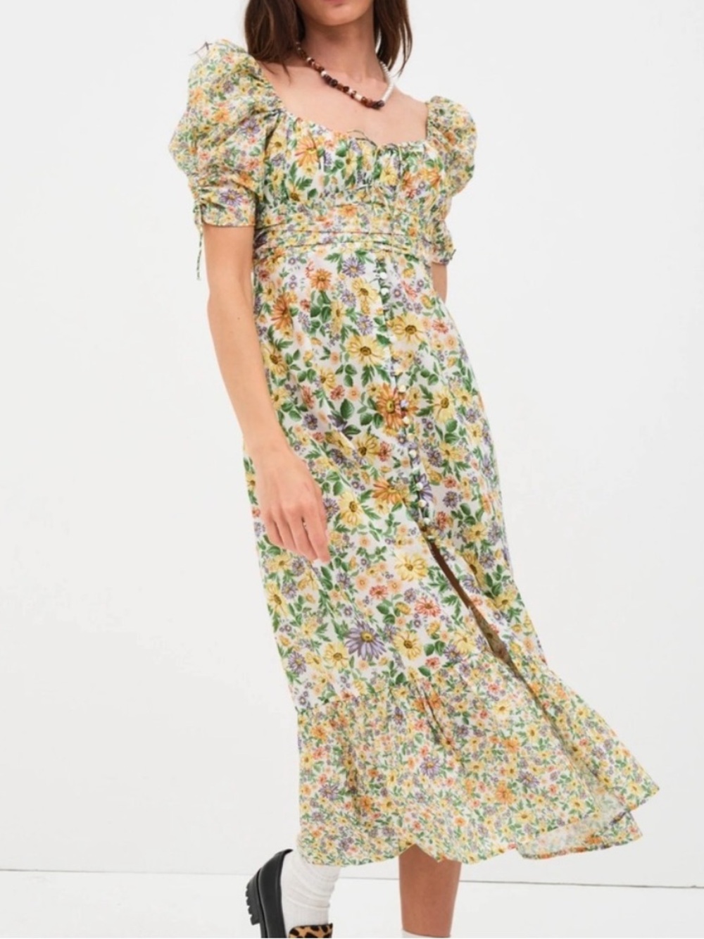 NWT FOR LOVE AND LEMONS Riley Garden Floral Puff Sleeve Button Midi Dress XS *